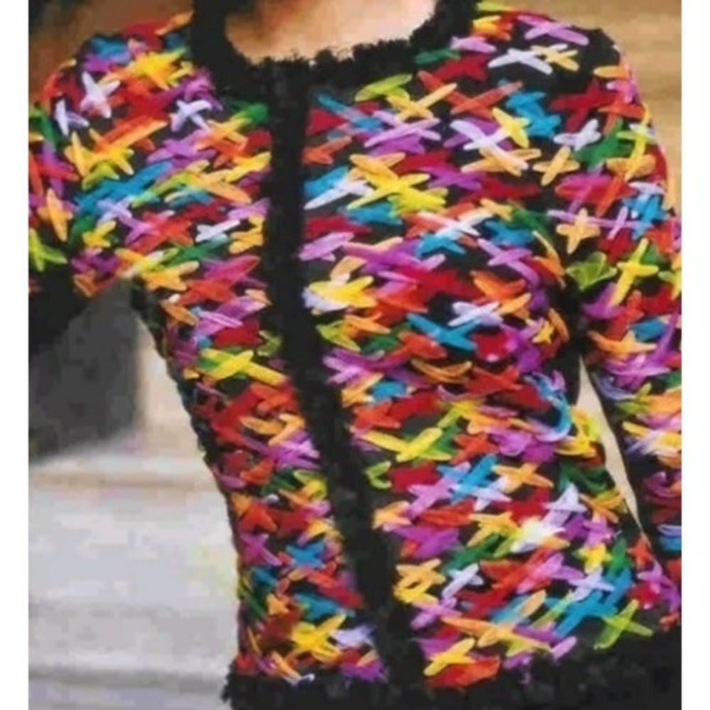 Michael Simon Colorful Tulle Ribbon 3/4 Sleeve Cotton Cardigan